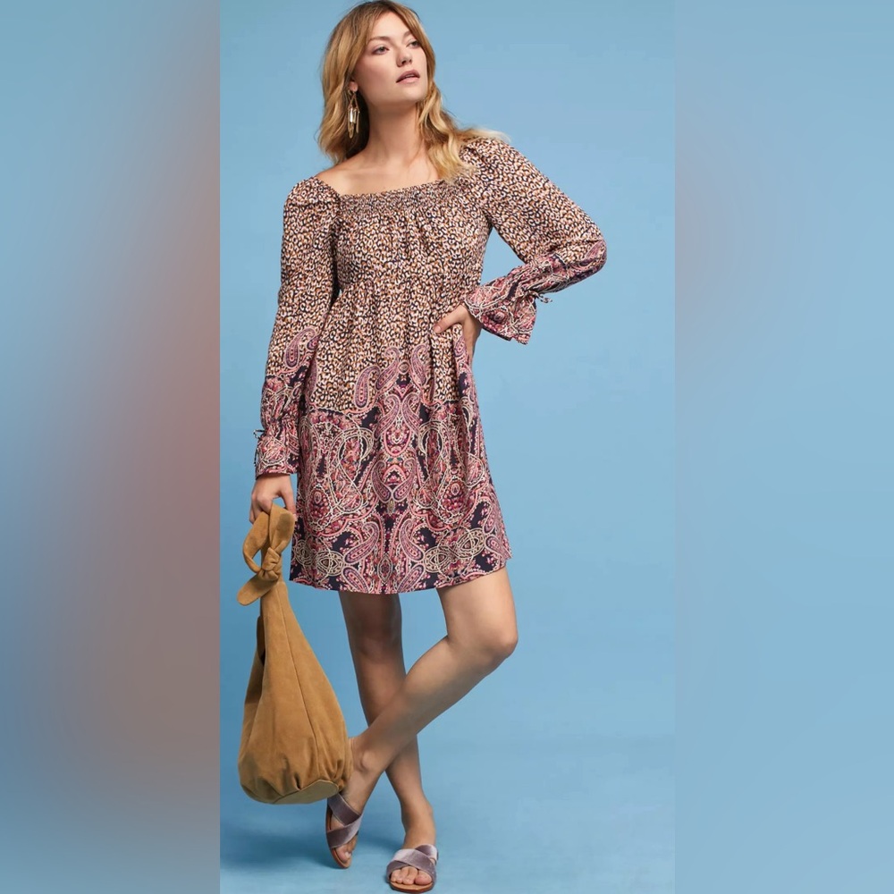 Anthropologie Maeve Milou Leopard Paisley Square Neck Dress Women's size Medium